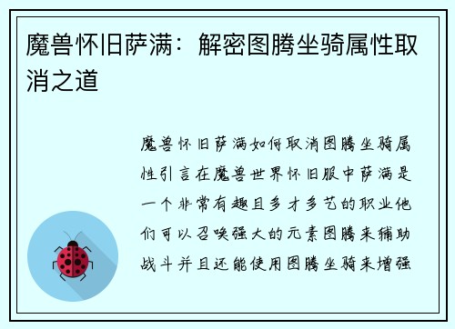 魔兽怀旧萨满：解密图腾坐骑属性取消之道